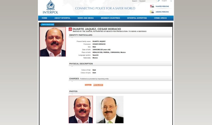 Ficha Interpol a César Duarte; lo buscan por peculado