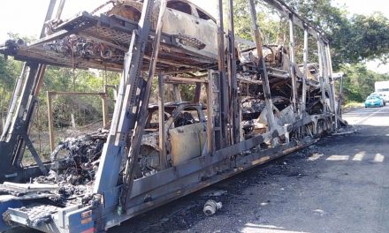 Tráiler y de 6 a 10 autos nuevos incendiados en la Mérida-Campeche (Video)