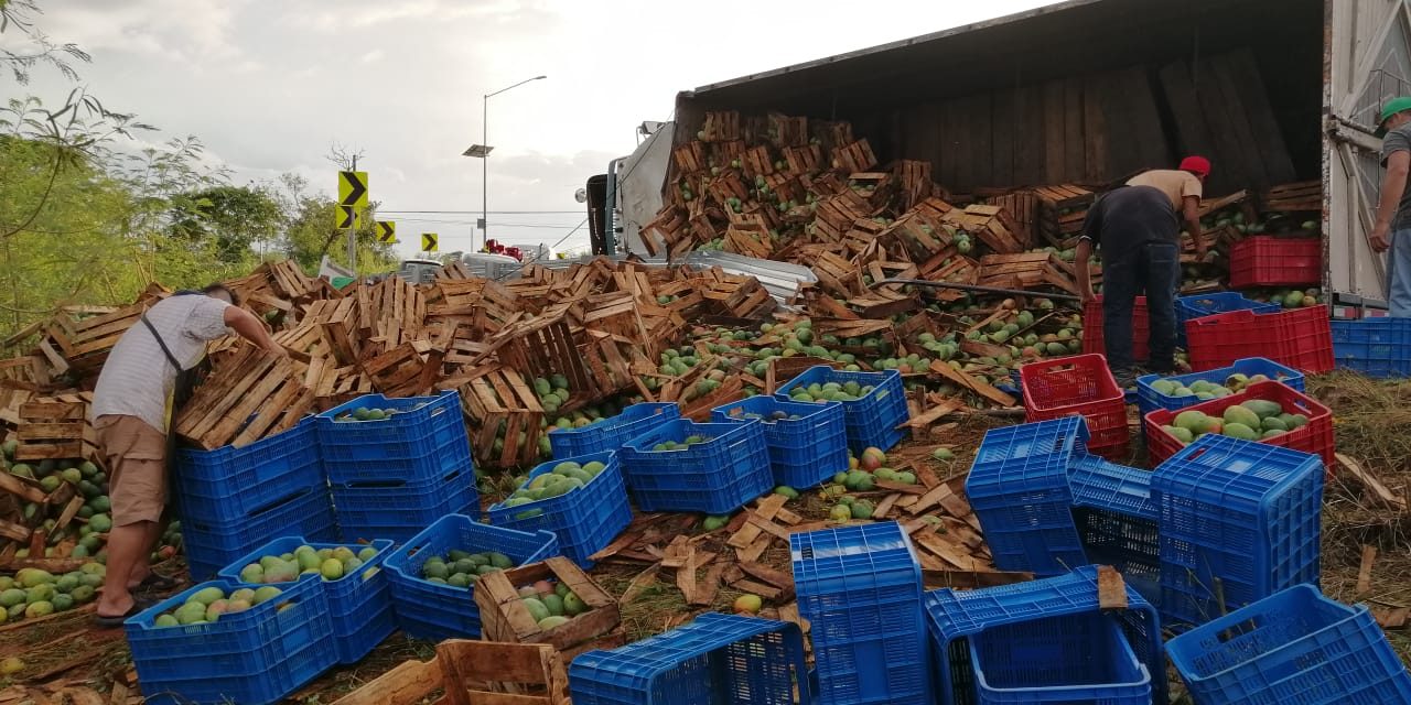 Regadero de 18 toneladas de mango en salida a la Mérida-Campeche; no hubo rapiña