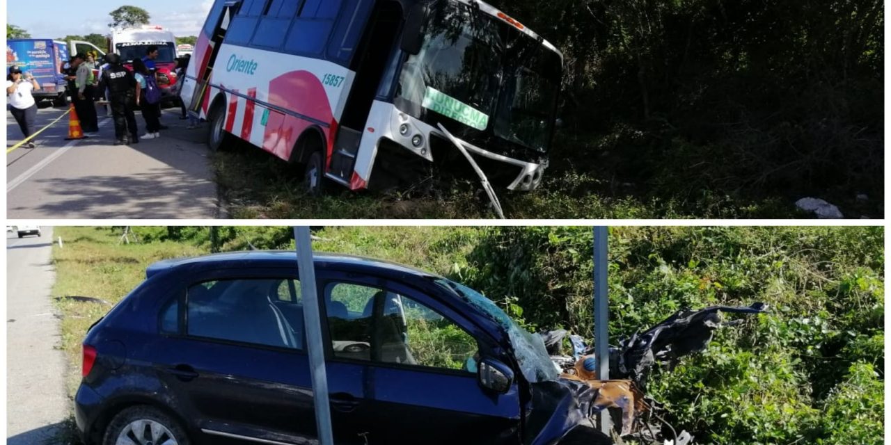 Autobús de pasajeros contra auto; 15 heridos en la Mérida-Tetiz (Video)