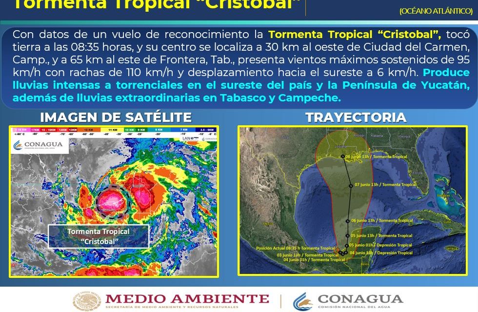 “Cristóbal” en tierra cerca de Ciudad del Carmen; bordea península