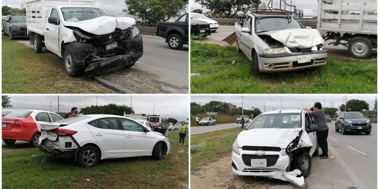 Otra carambola en periférico de Mérida en día lluvioso, ahora 6 autos