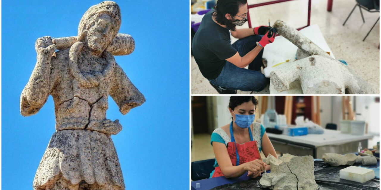 En restauración escultura de piedra “El Monifato” de Sisal