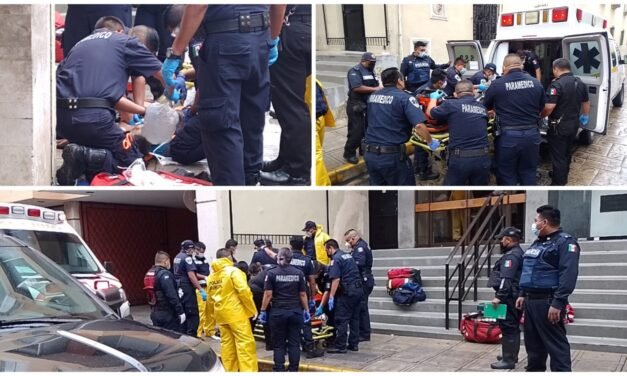 Abuelo se infarta bajo lluvia en centro de Mérida; lo auxilian y llevan a hospital
