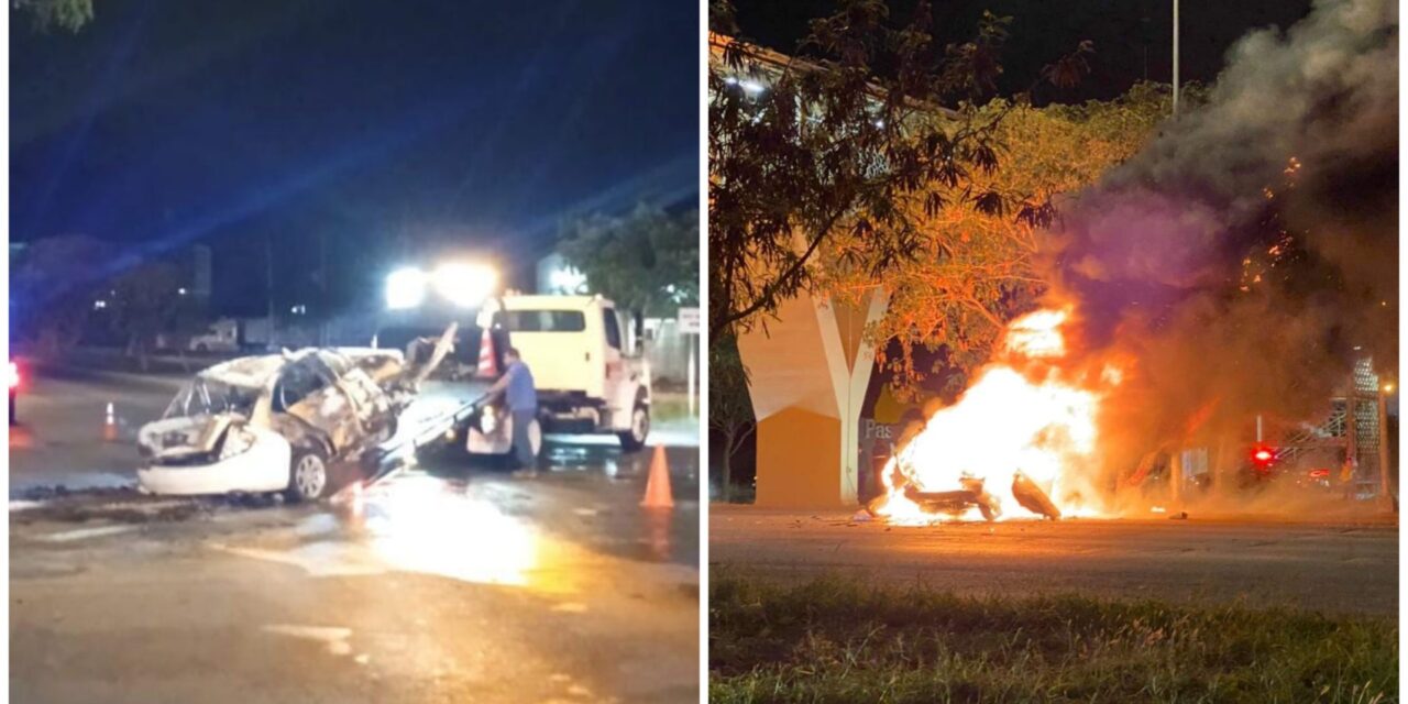 Pareja se salva tras incendiarse auto por choque en periférico de Mérida