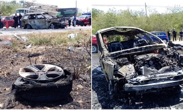 Siniestro de lujo: estalla llanta, vuelca y se quema camioneta