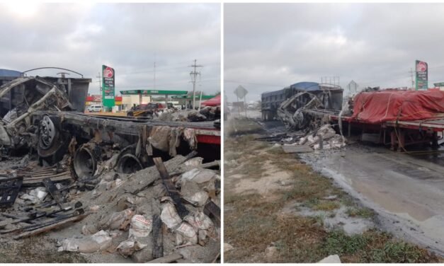 Cargueros chocan e incendian en carretera Mérida a Campeche