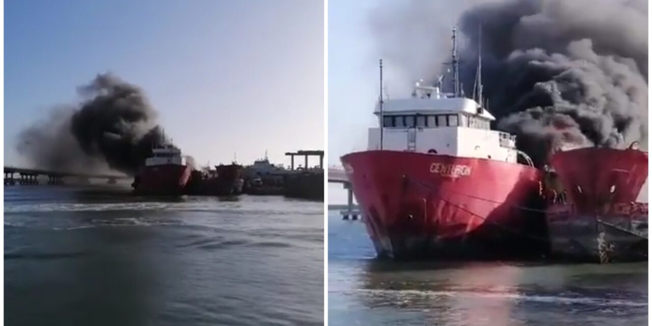Barco de gran tamaño ardió en marina de Yucalpetén, Progreso
