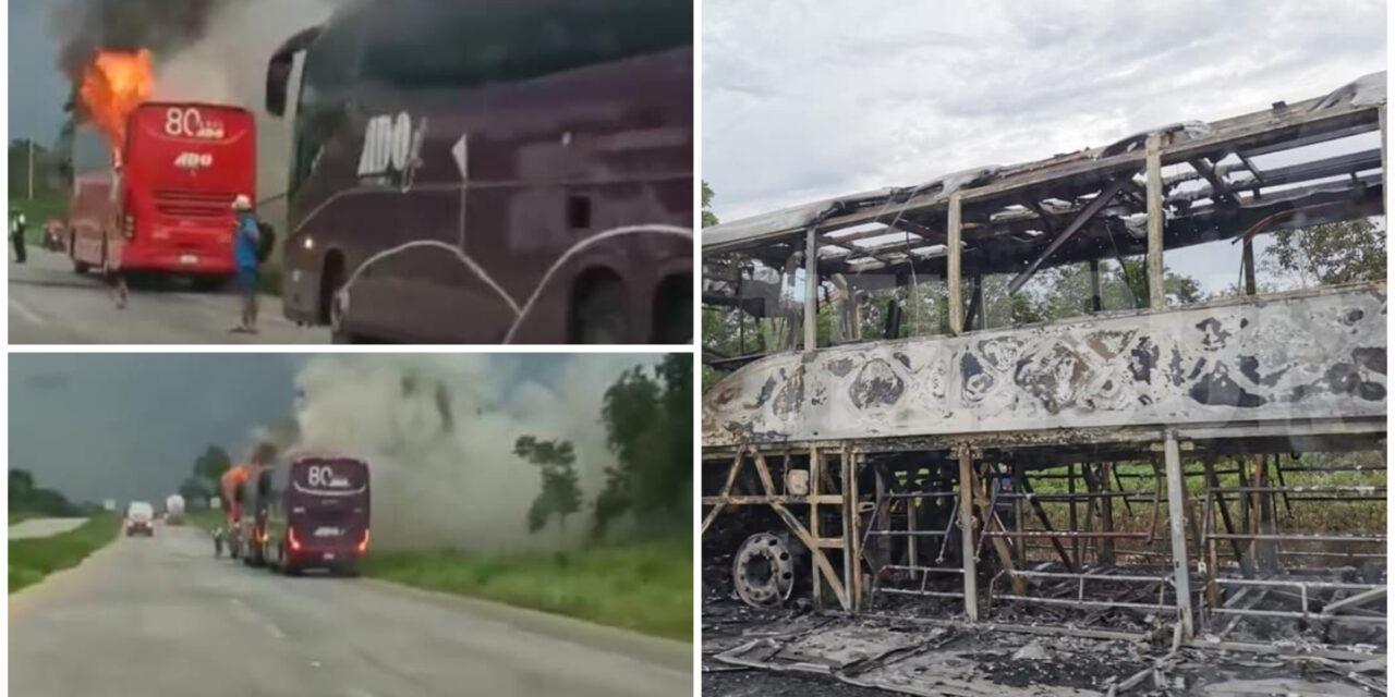 Se quema autobús en la Mérida-Cancún, pasajeros logran escapar