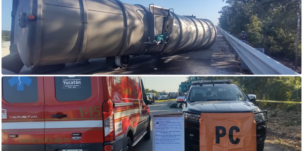 Vuelca tractocamión cargado con combustible en la Mérida – Cancún