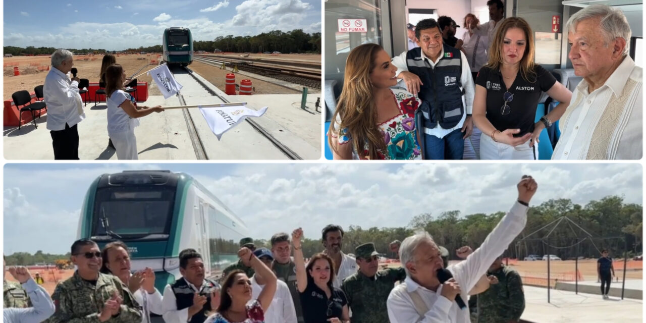 Aborda AMLO en Cancún primer vagón del Tren Maya