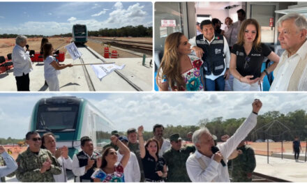 Aborda AMLO en Cancún primer vagón del Tren Maya