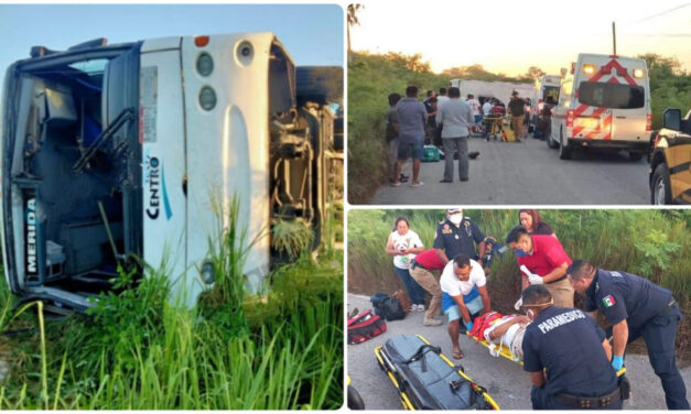 Volcadura de autobús de pasajeros ruta Izamal: 19 heridos