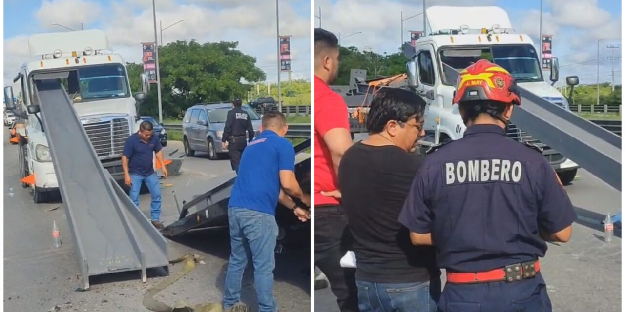 Frena y se ensarta tráiler con viga en periférico de Mérida