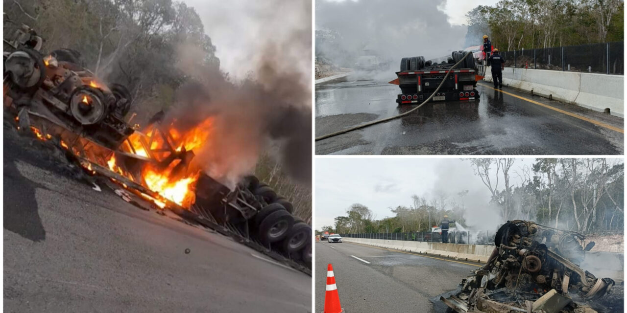 Vuelca, arde y bloquea: trailer siniestrado en la Mérida-Cancún