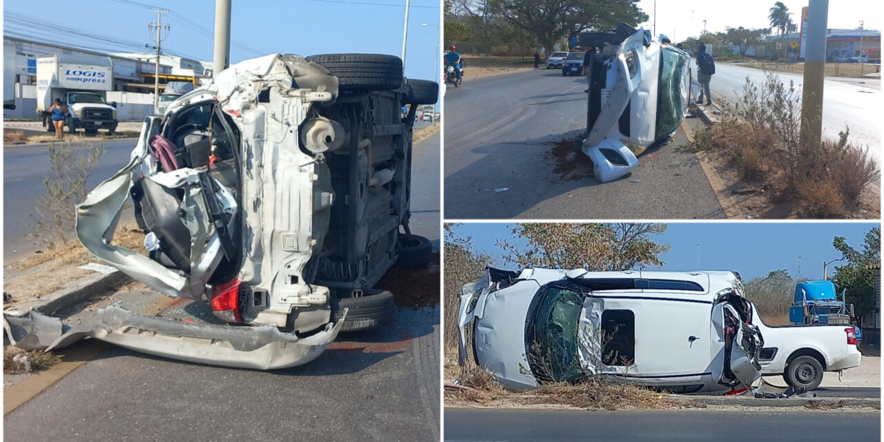 Volcadura: auto destrozado en la Mérida-Umán; mujer a salvo
