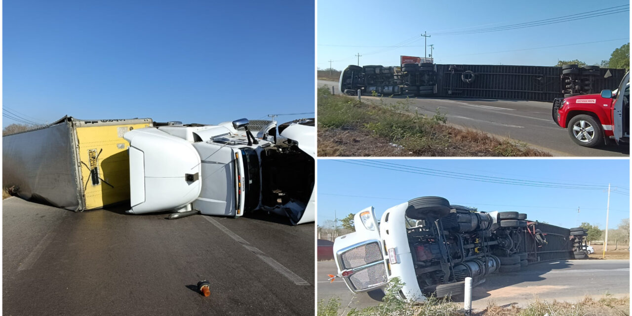 Carguero termina en volcadura en la Mérida-Cancún