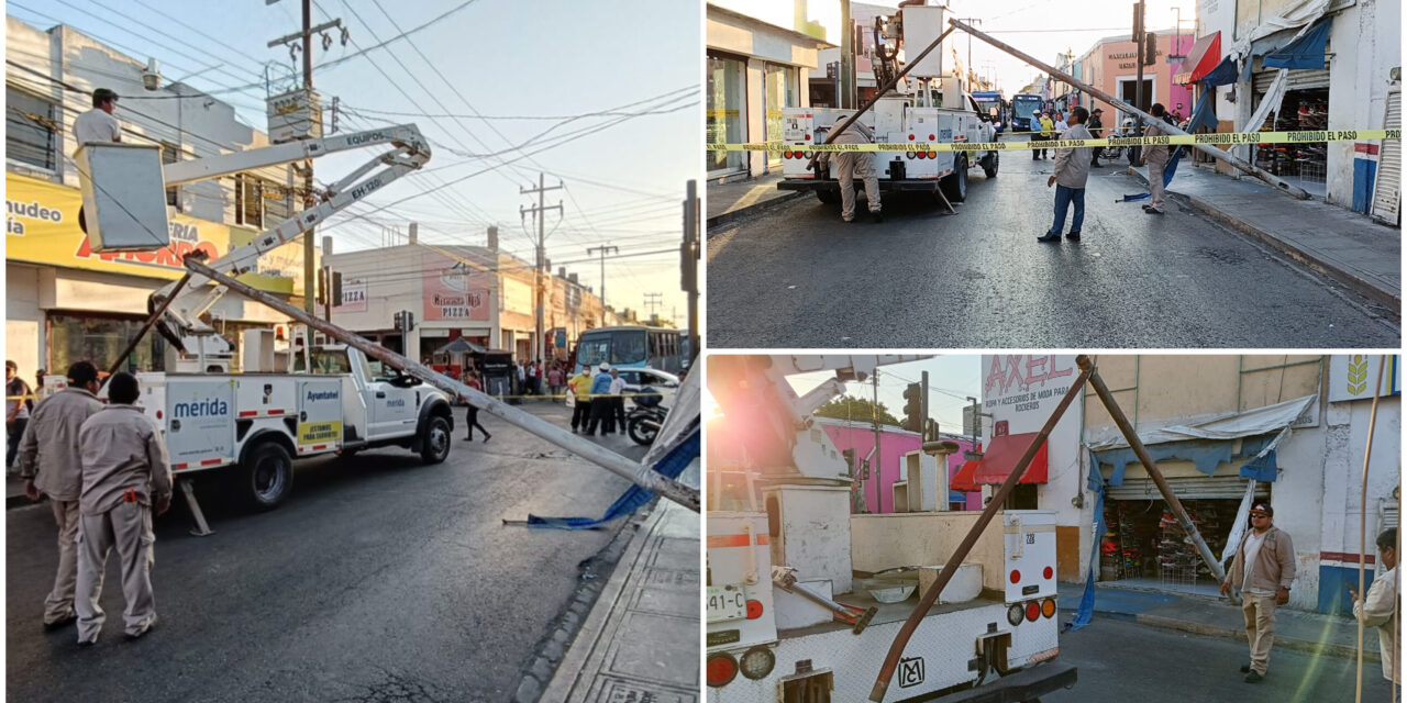 Poste de alumbrado público en centro Mérida cae y golpea a peatón