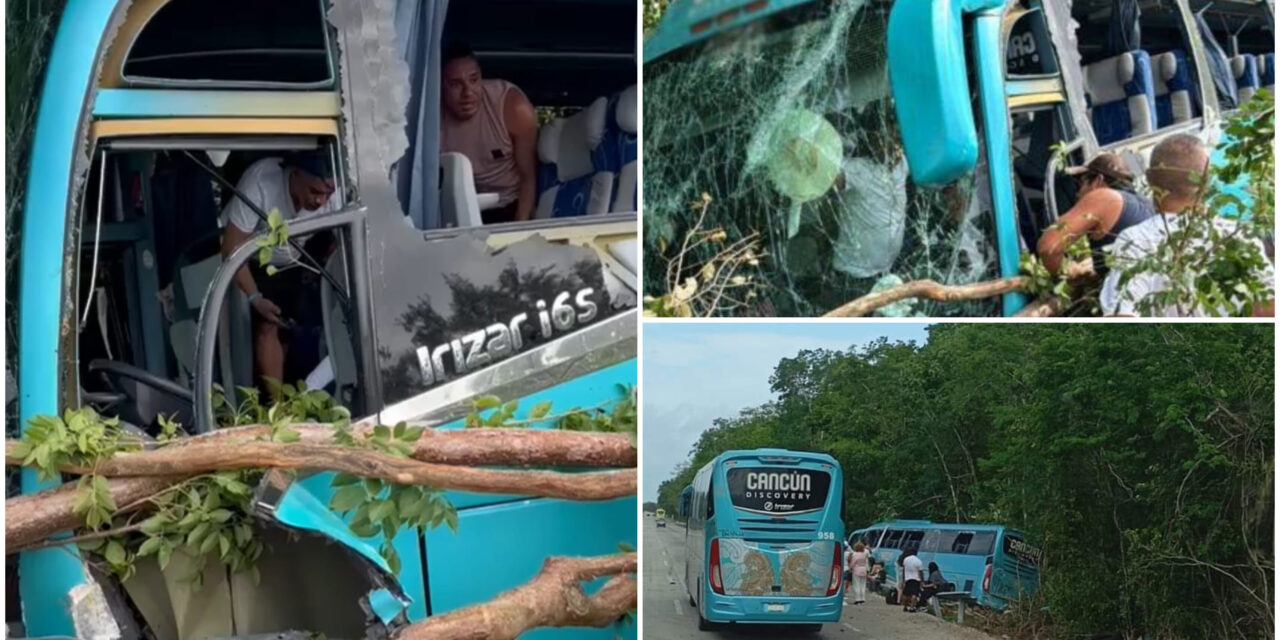 Sale de carretera autobús con turistas a bordo en la Cancún – Mérida