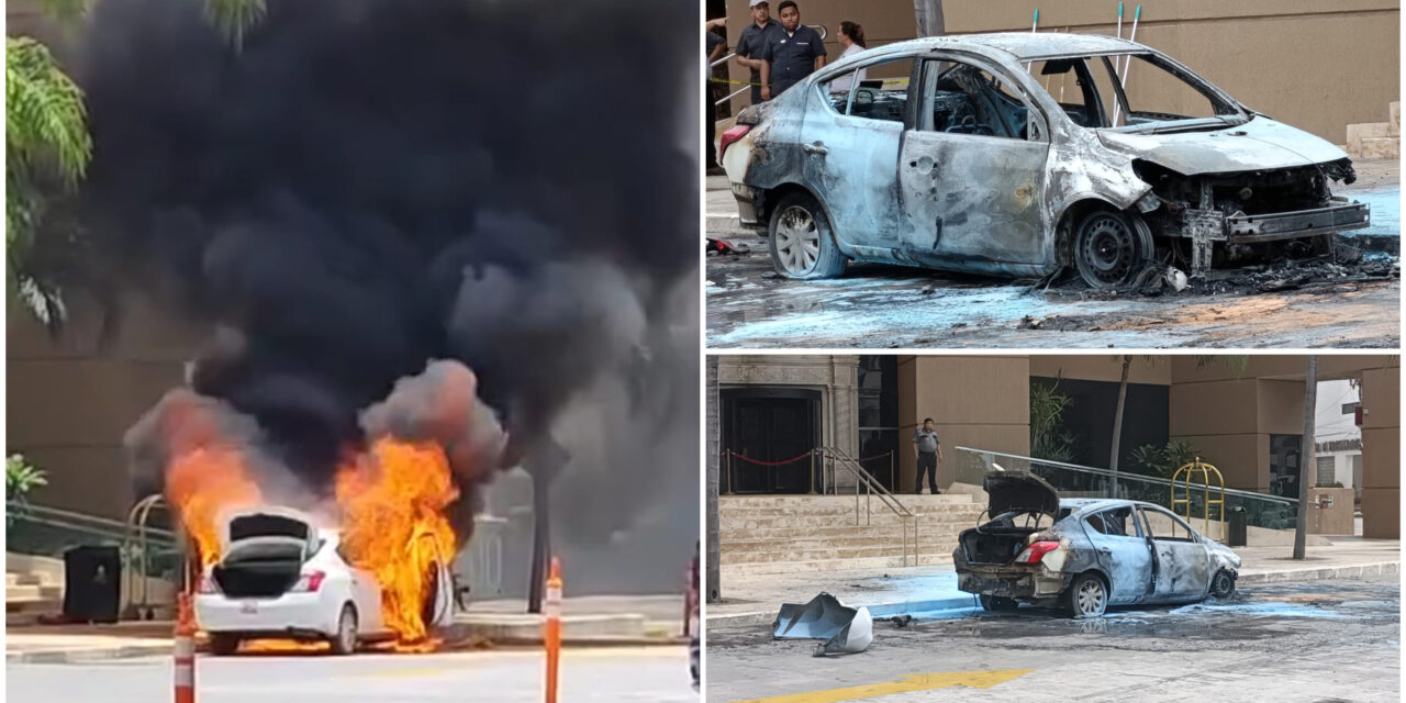 Logró bajar pasaje y se quemó su taxi frente a hotel de Mérida