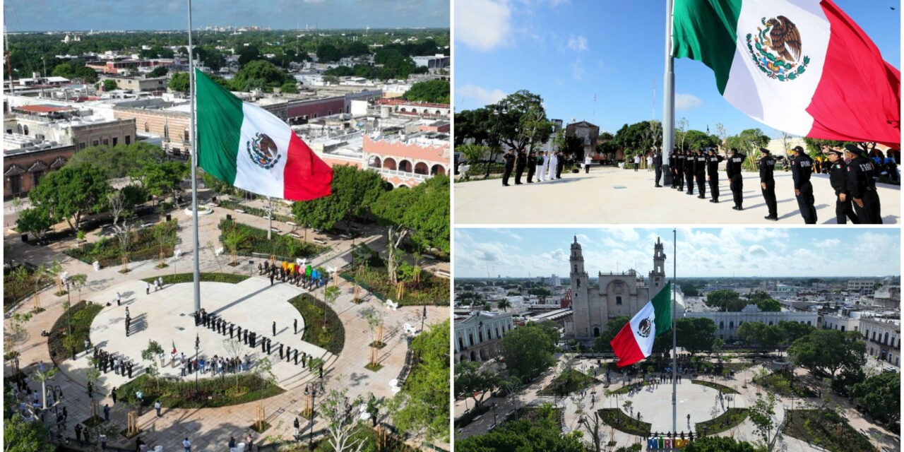 Bandera de México, en asta monumental de Plaza Grande de Mérida