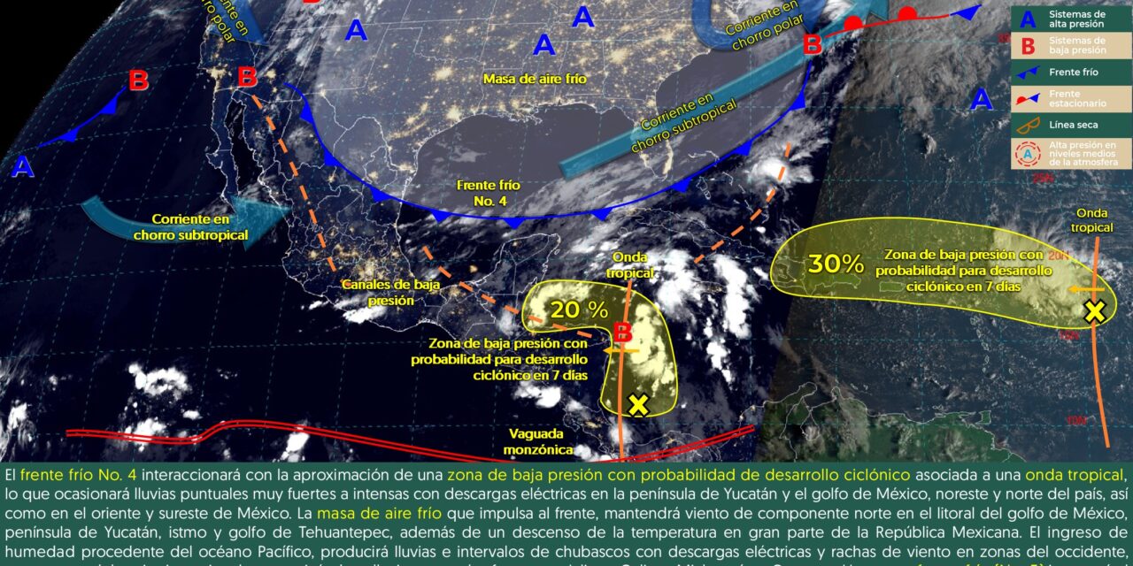 Frente frío débil y onda tropical sobre la península de Yucatán