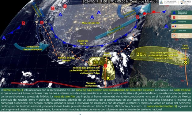 Frente frío débil y onda tropical sobre la península de Yucatán
