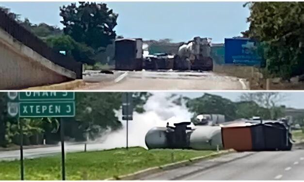 Volcadura de tráiler con gas LP en la Mérida–Campeche; evacúan zona