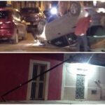 Vuelca, daña poste y abandona auto en centro de Mérida