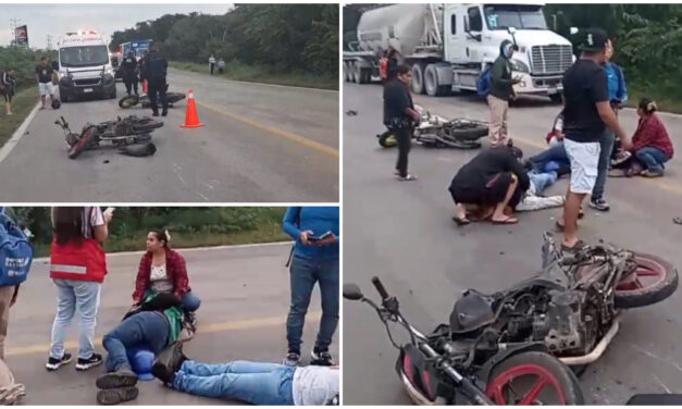 ‘Encontronazo’ de motociclistas en la Mérida-Cancún; ambos lesionados