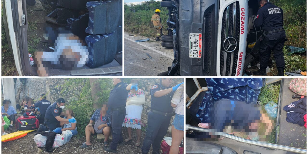 Volcadura mortal de colectivo de la ruta Cuzamá, repleto de pasajeros