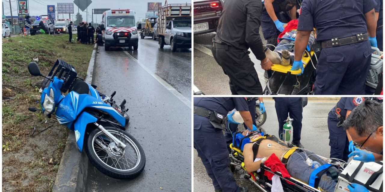 Derrapa motociclista y lo llevan grave, al borde de perder la vida