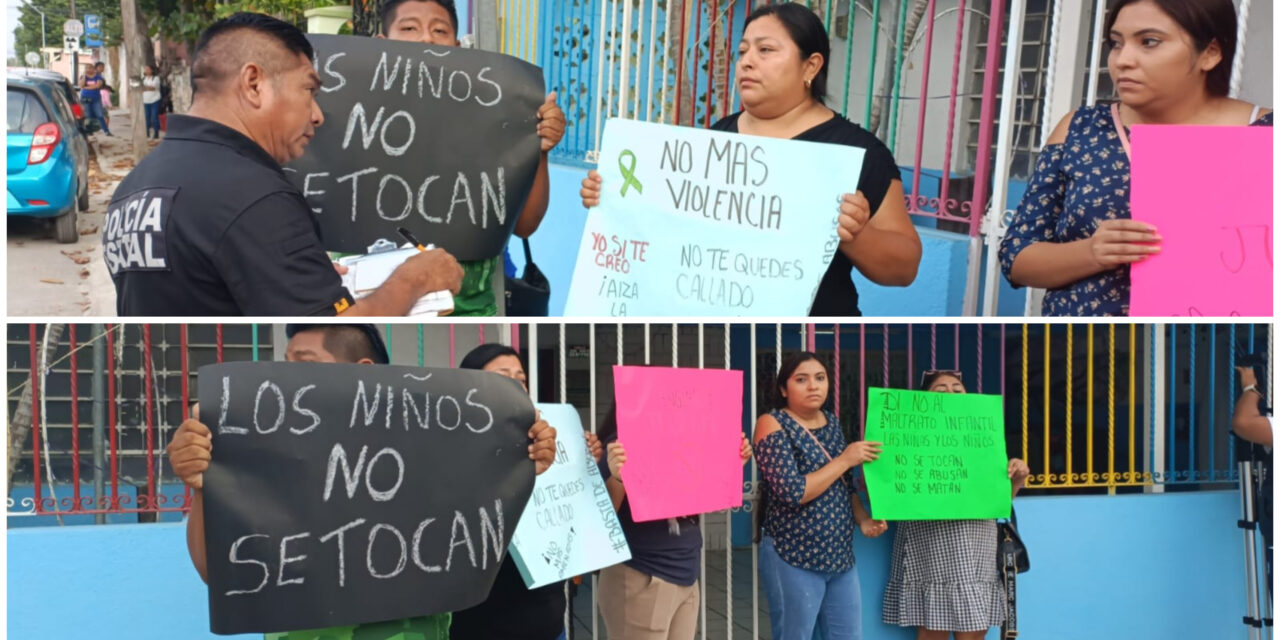 Protesta en afueras del jardín de niños ‘Ovide Decroly’, en Mérida