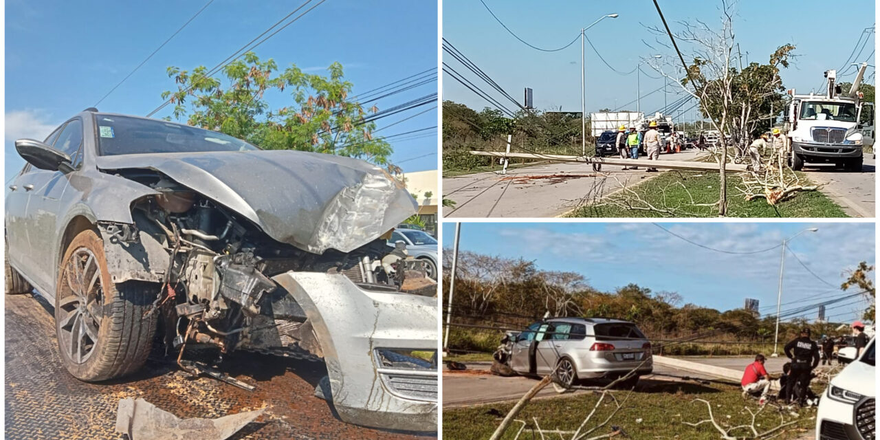 Tira poste, ocasiona desastre y abandona auto al norte de Mérida