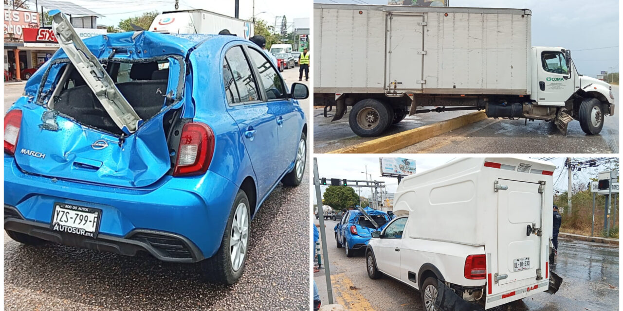 Pavimento mojado y distracción: Choque de tres en la Mérida–Motul