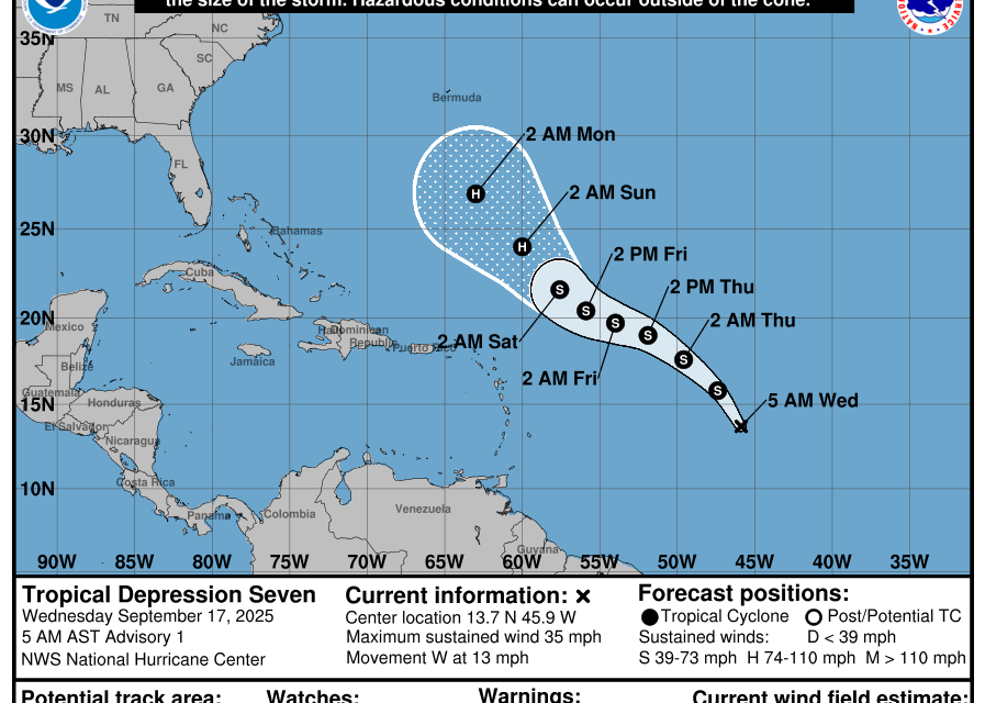 Depresión Tropical Siete con mucha distancia de península Yucatán
